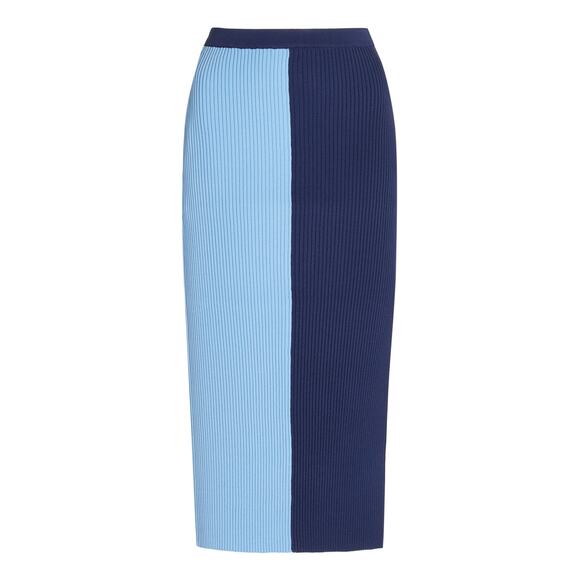 Staud 'Lorraine' Blue Viscose Two-Tone Ribbed-Knit Midi Skirt Size S - Picture 1 of 5